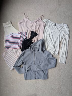Assorted Women's Tops Bundle - Pink Camisole, White Ribbed Top, Gray Hoodie